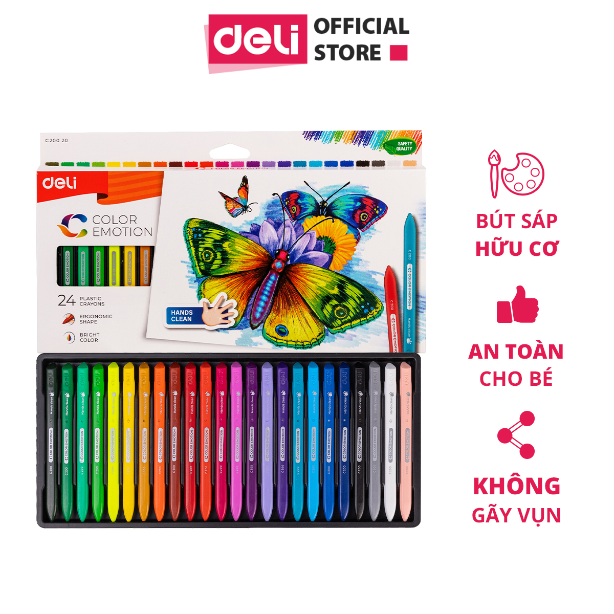 Bút sáp màu hữu cơ 12 18 24 màu không bẩn tay an toàn cho bé Deli
