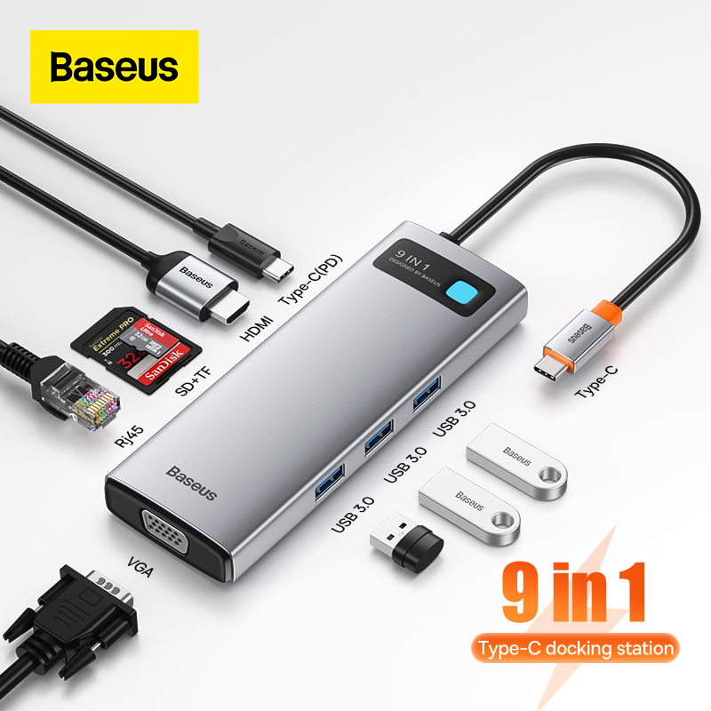 NEW丨 Baseus USB C HUB to HDMI tương thích với VGA Bộ chuyển đổi USB 3.0 9/11 trong 1 Đế cắm USB Type C HUB cho MacBook Pro Air PD RJ45 SD Card Reader