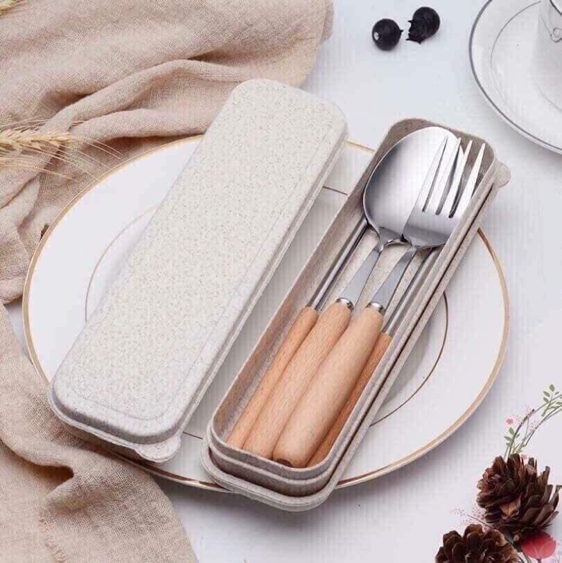 Bộ 3 thìa, dĩa, đũa inox, cán gỗ