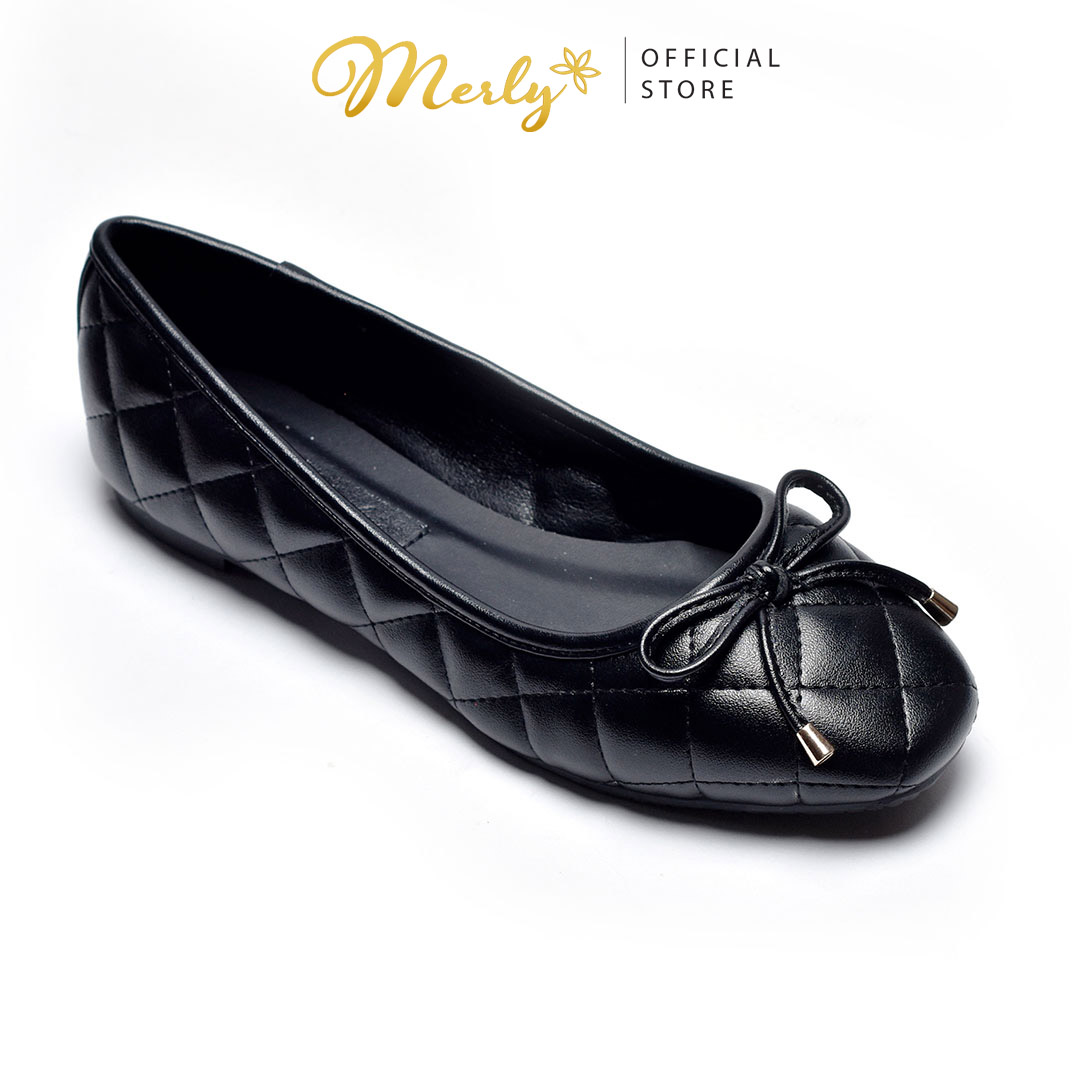 Giày Búp Bê Mũi Vuông Da Chần Chỉ Caro Đính Nơ Merly 1514, Giày Công Sở Nữ Êm Chân, Giày Bít Mũi Nữ Đế Thấp, Giày Bệt Nữ Big Size, Giày Bệt Mũi Vuông