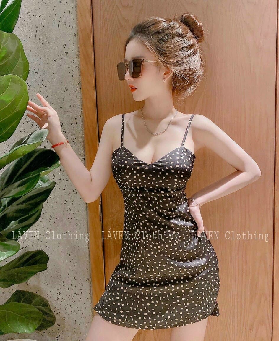 [Mẫu Mới]Đầm Nữ Kiểu Dáng 2 Dây Chất Liệu Lụa Cao Cấp Thiết Kế Chấm Bi Thời Trang HARI
