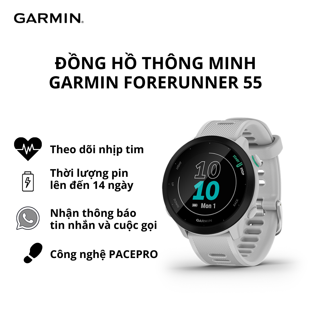 Đồng hồ thông minh Garmin Forerunner 55 là một sản phẩm hoàn hảo cho các tín đồ thể thao và sức khỏe. Với tính năng định vị GPS và cảm biến giúp giám sát nhịp tim và các hoạt động theo dõi sức khỏe của bạn. Bạn sẽ tha hồ tập luyện mà không lo mất đường, mất tập trung. Hãy xem hình ảnh liên quan đến sản phẩm này để tìm hiểu thêm về cách đồng hồ thông minh này giúp cho cuộc sống được an toàn và khỏe mạnh hơn.
