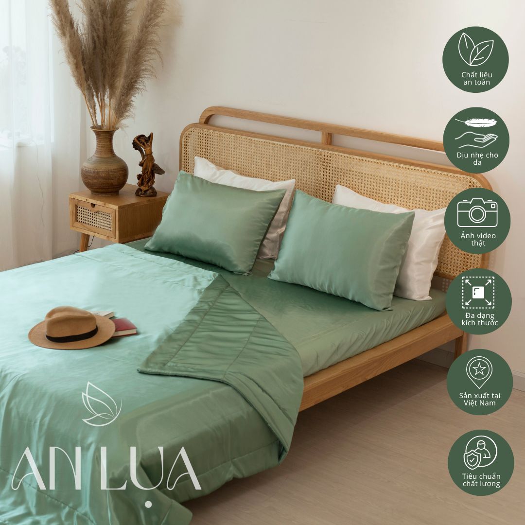 Bộ chăn drap 5 món An Lụa vải lụa mịn mát và thân thiện cho da - Xanh đậu