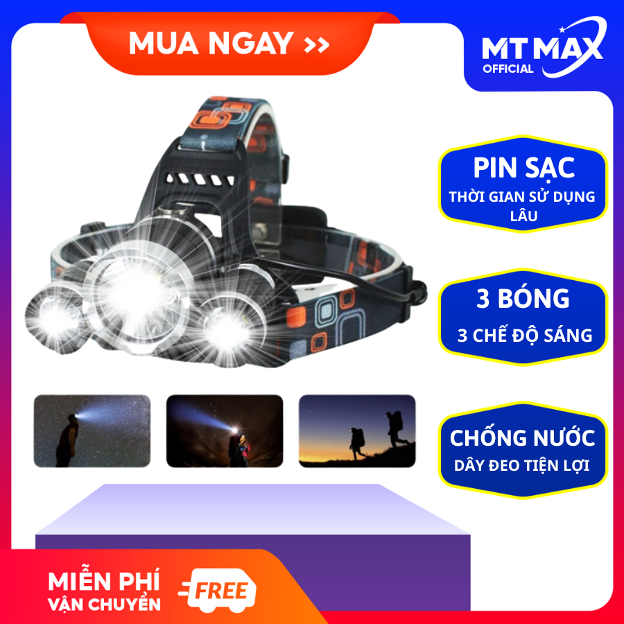 Đèn pin siêu sáng, Đèn pin led đội đầu 3 chế độ sáng chiếu xa 200m chống thấm nước, đèn pin đội đầu siêu sáng, Đèn đội đầu 3 bóng siêu sáng chống nước pin sạc