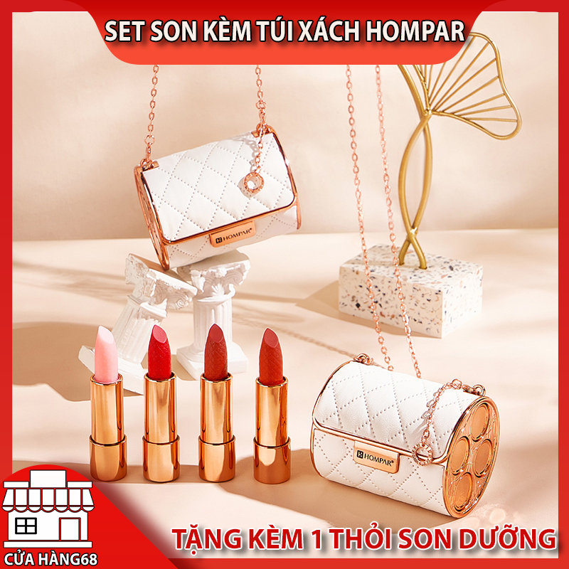 Set son kết hợp túi xách 3 cây, set son làm quà tặng cho nữ Hompar, bộ 3 thỏi son tone màu đỏ quyến rũ, kèm túi xách da cao cấp, tặng kèm son dưỡng, set son lì không trôi 4 cây lên màu chuẩn, độ bền màu cao, set quà tặng son học sinh