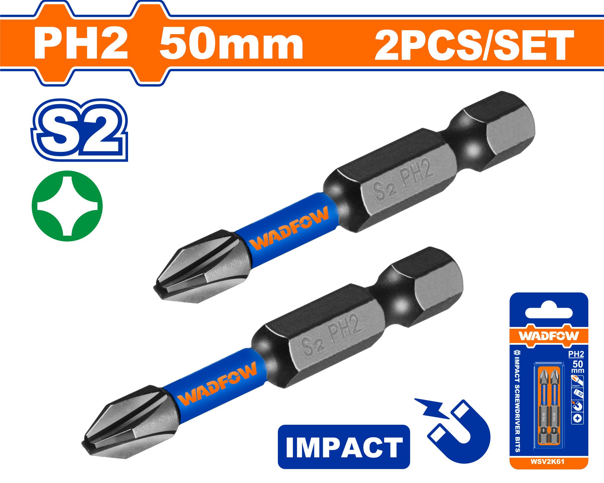 Bộ 2 Mũi bắt vít đóng PH2 50mm thép đen cứng có tính từ Wadfow