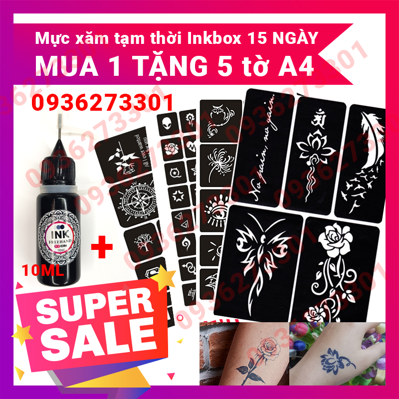 HOT Mực Xăm Tạm Thời 15 ngày TẶNG NGAY 5 bảng khuôn A4  nhiều hình