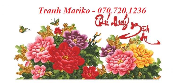 Tranh thêu chữ thập PHÚ QUÝ BÌNH AN , HOA MẪU ĐƠN LV3272 kích thước 124x62cm