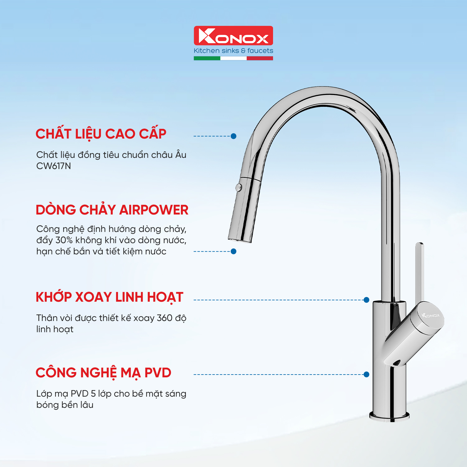 Vòi rửa bát dây rút Konox Ponte Chrome