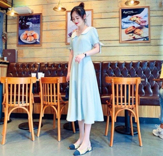 Đầm mint phối cổ trắng