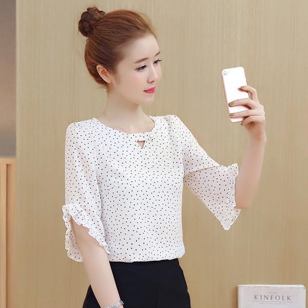 Áo Chấm Bi Tay Bèo V-SM0KN14 (trắng)