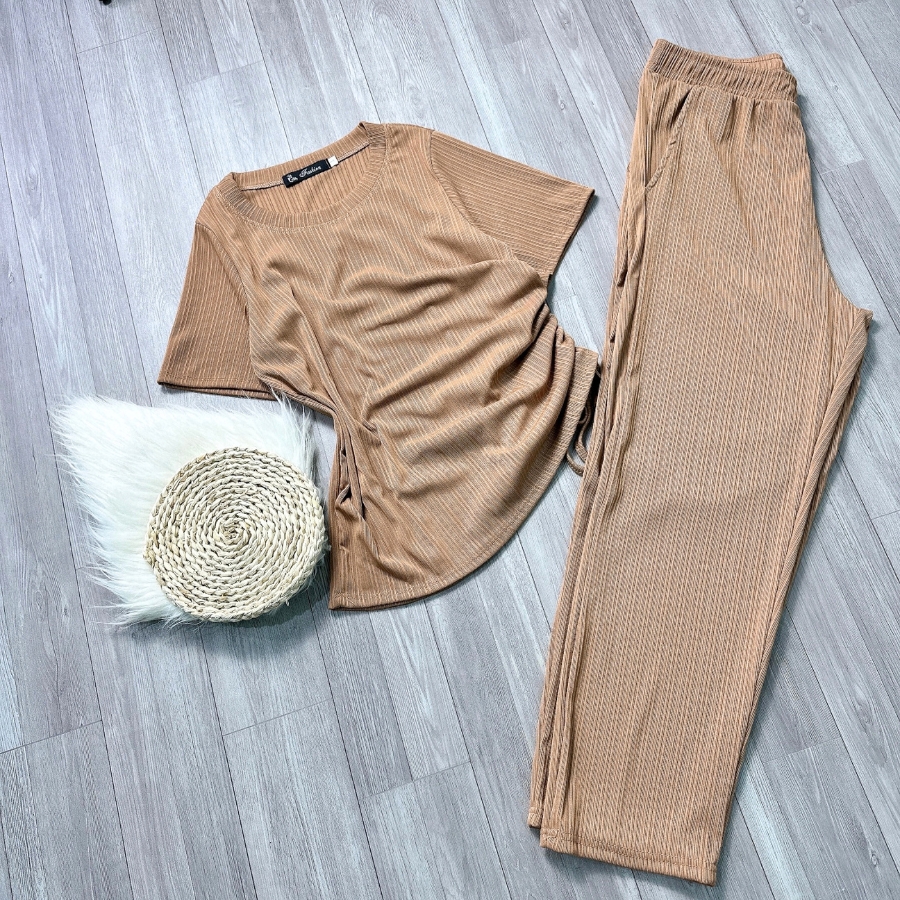 Set women's bigsize short sleeve o neck basic tee shirt with long wide leg pants Tencel pattern set62