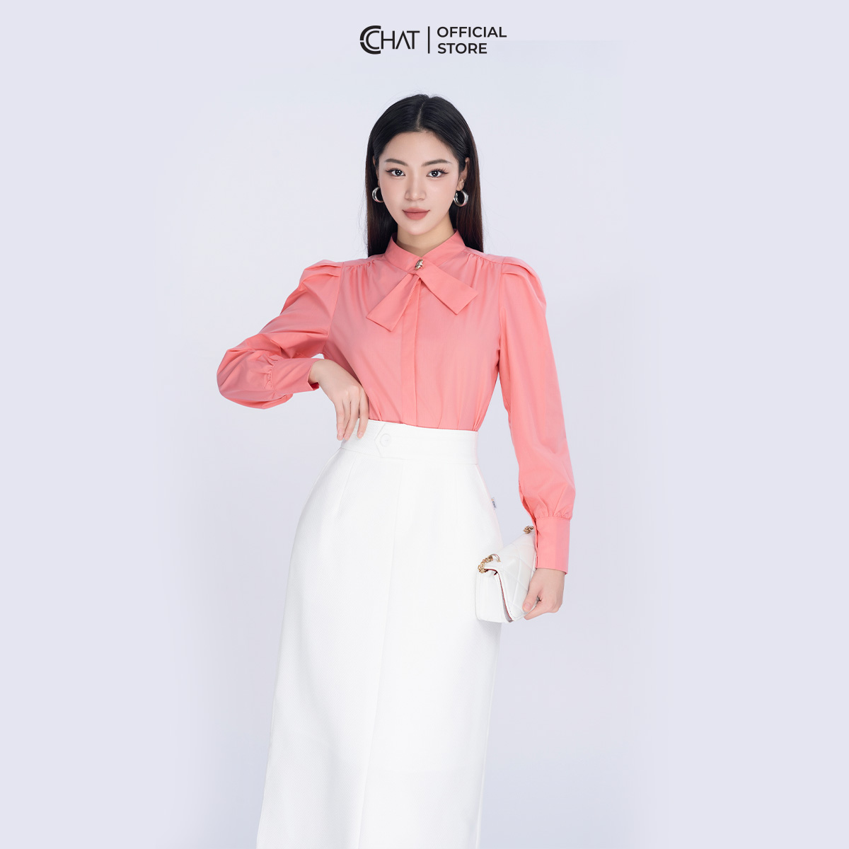 Áo Sơ Mi Nữ CCHAT Cổ Nơ Chất Thô Cao Cấp 23FDT2006ST