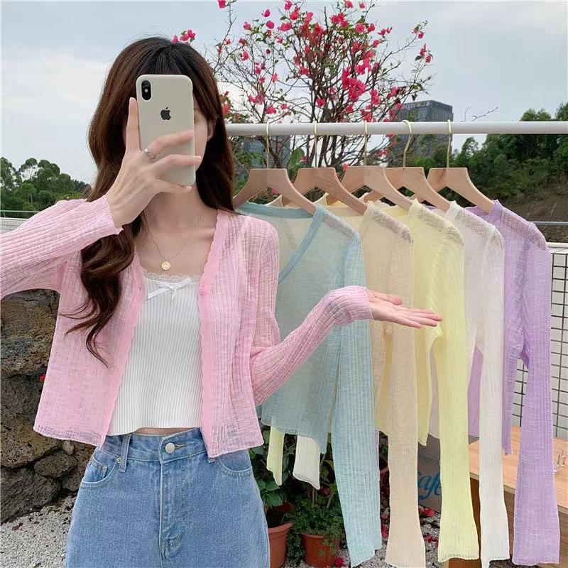 Áo khoác len cadigan mỏng 1 cúc dáng ngắn Áo len mỏng tay dài