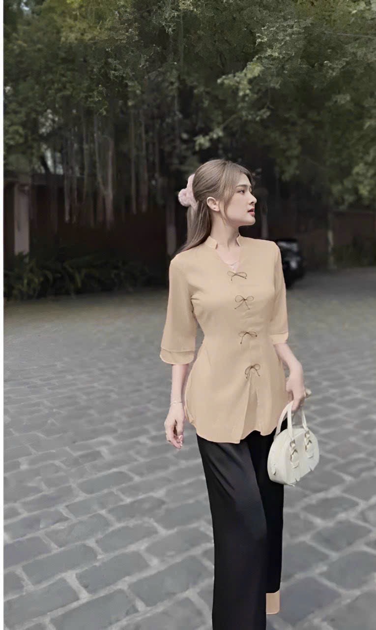Sét bộ bà ba tuyết nhung cổ tàu nút mây