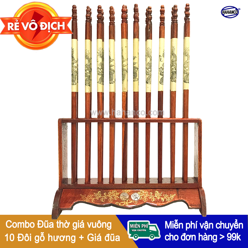 Bộ đũa thờ 10 đôi + Giá đũa hoa văn PHONG THỦY GỖ HƯƠNG -HAHANCO