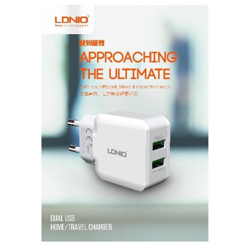 Giá Cốc sạc điện thoại Android iPhone có IC ổn dòng bảo vệ thiết bị LDNIO - A2202 Trắng 2 USB (sạc nhanh) 100-240V