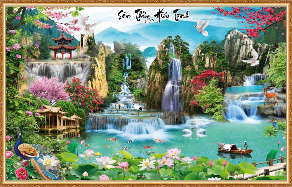Tranh dán tường 3d phòng khách sơn thủy
