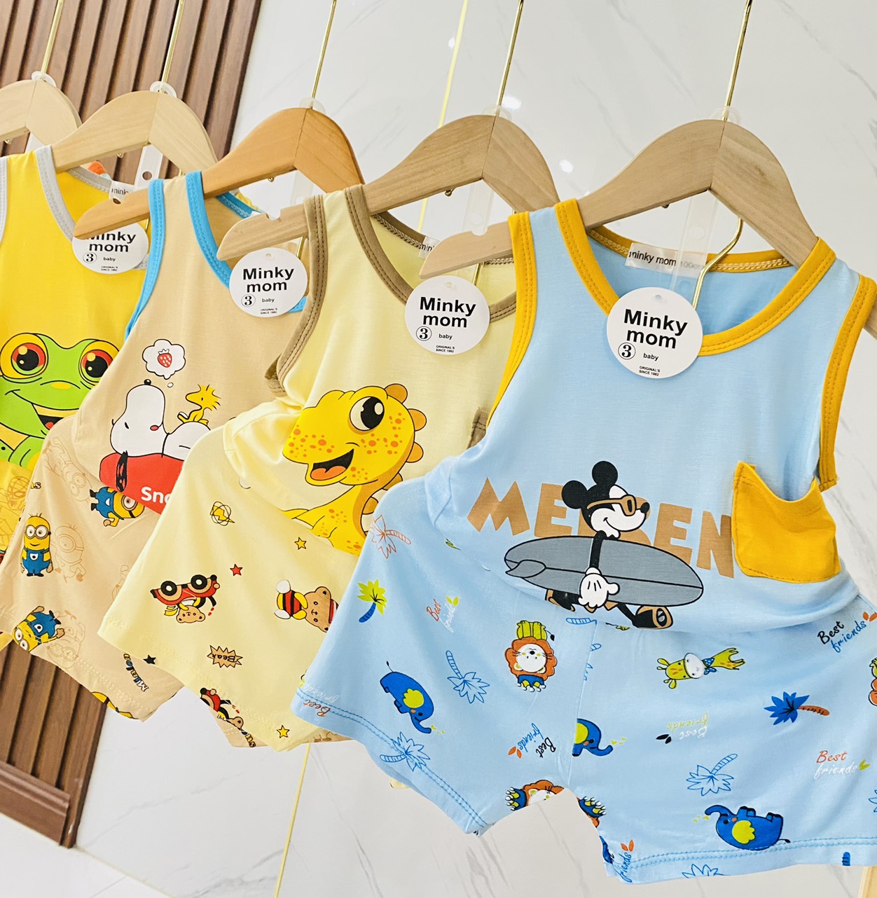 Combo 2 bô cộc tay minky mon cho be trai bé gái dễ thương form từ 3-6kg