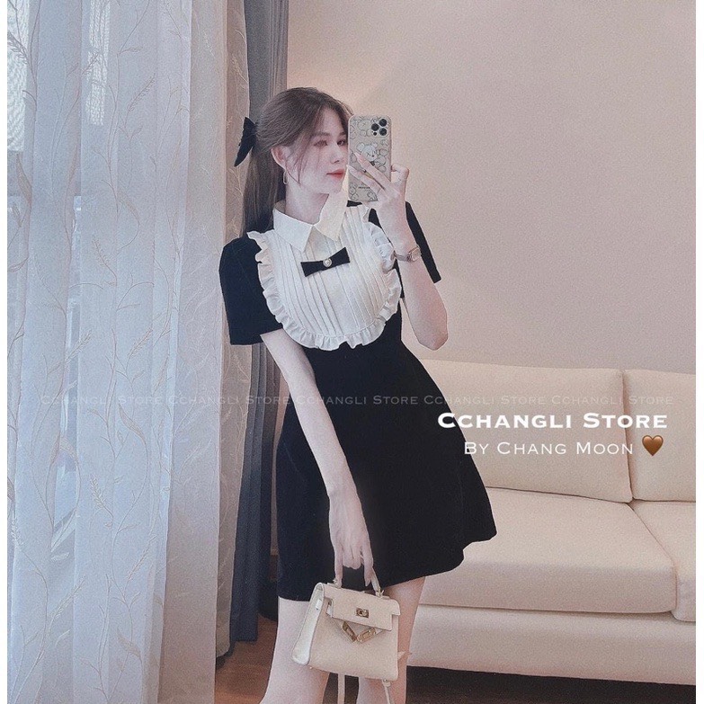 Đầm tiểu thư cổ áo sơ mi thời trang Hàn Quốc dễ thương - váy chữ A phối bèo trắng đính nơ hàng thiết kế cao cấp như hình