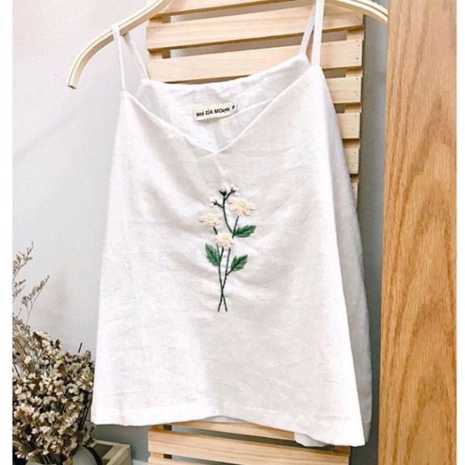 áo 2 dây linen thêu hoa cúc