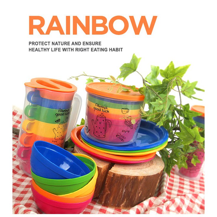 [HCM]Bộ 5 ly chén dĩa có quai và bình nước Rainbow Lock&Lock