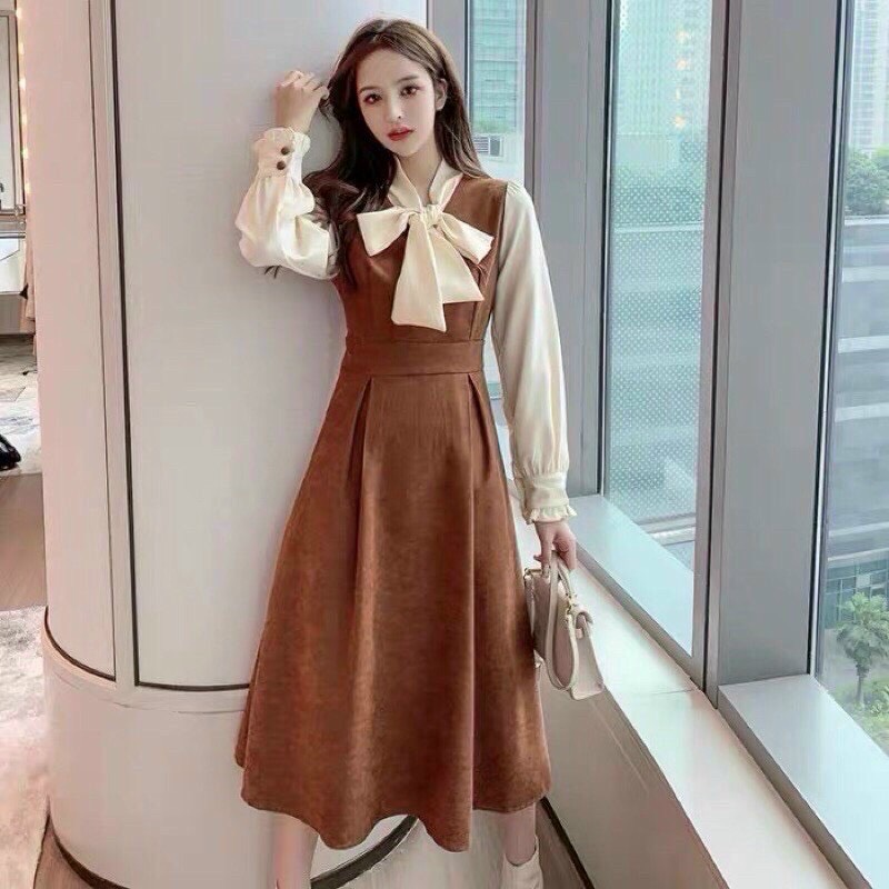 Đầm umi tay dài thắt nơ cổ