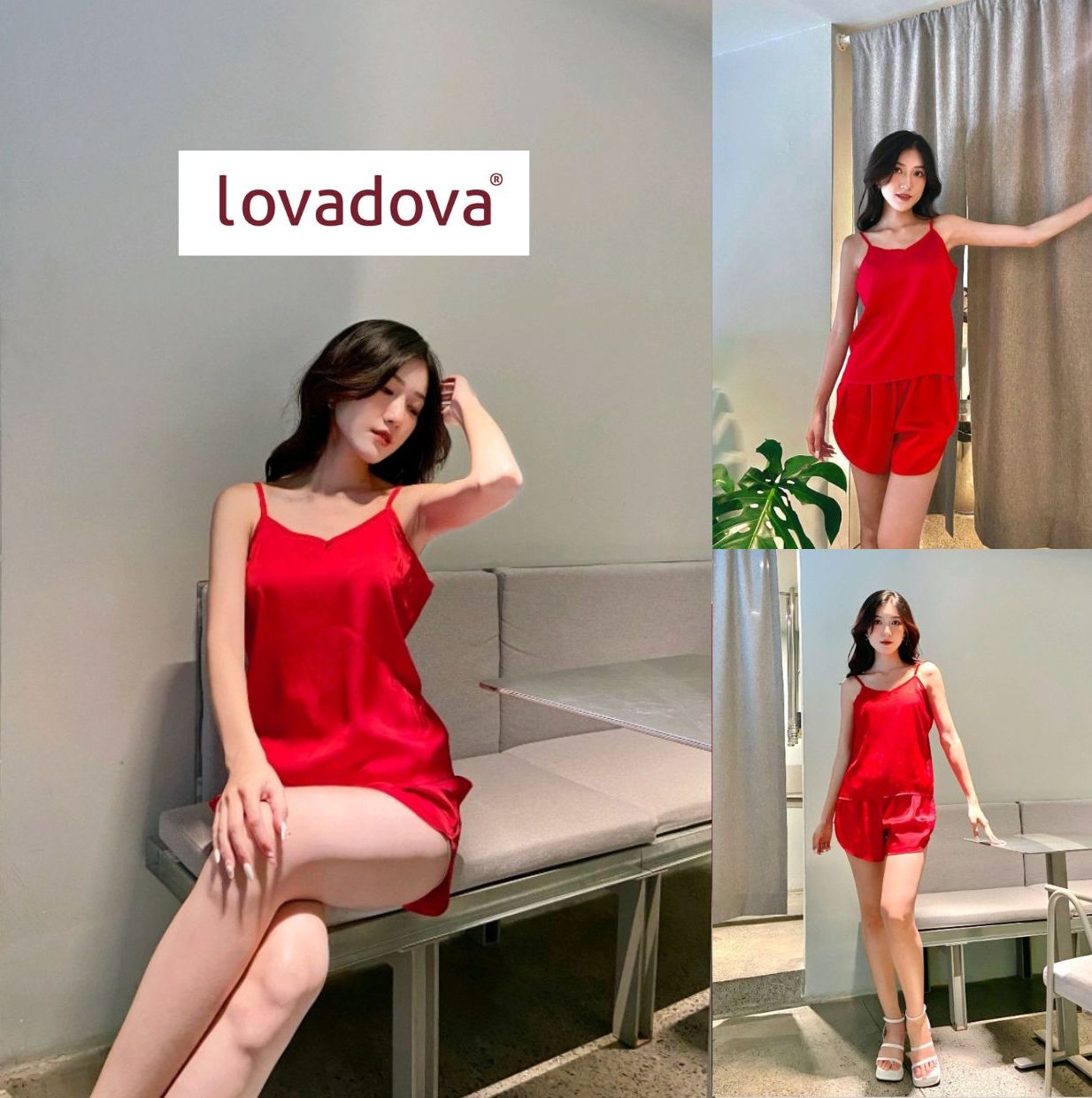 Set bộ đồ ngủ lụa màu đỏ - Lovadova 22O06C008