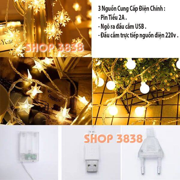 Lựa Nguồn( Pin- USB- Điện)Dây Đèn Led Bông Tuyết Dài 6M - 40 Bóng