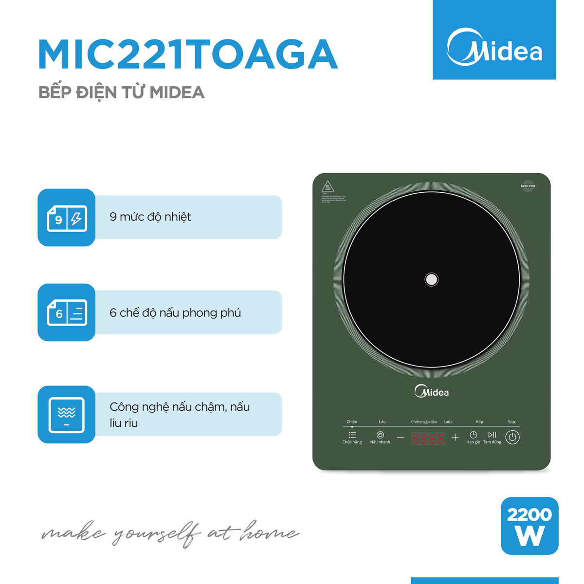 Bếp từ Midea MIC221T0AGG (Công suất 2200W, Có Chế Độ Sôi Liu Riu)