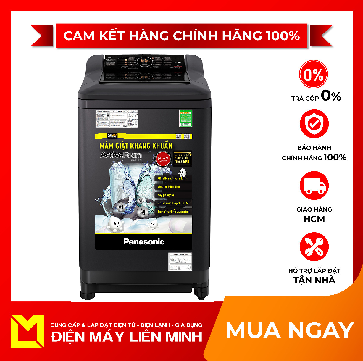 [HCM][Trả góp 0%]Máy giặt Panasonic 10 kg NA-F100A4BRV Công nghệ giặt Active Foam đánh bay vết bẩn Chế độ giặt nhanh Hẹn giờ giặt Tự khởi động lại…