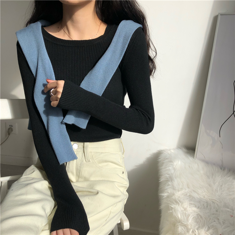 Áo Len Cổ Tròn Dài Tay Dệt Kim Màu Trơn Basic Dáng Ôm