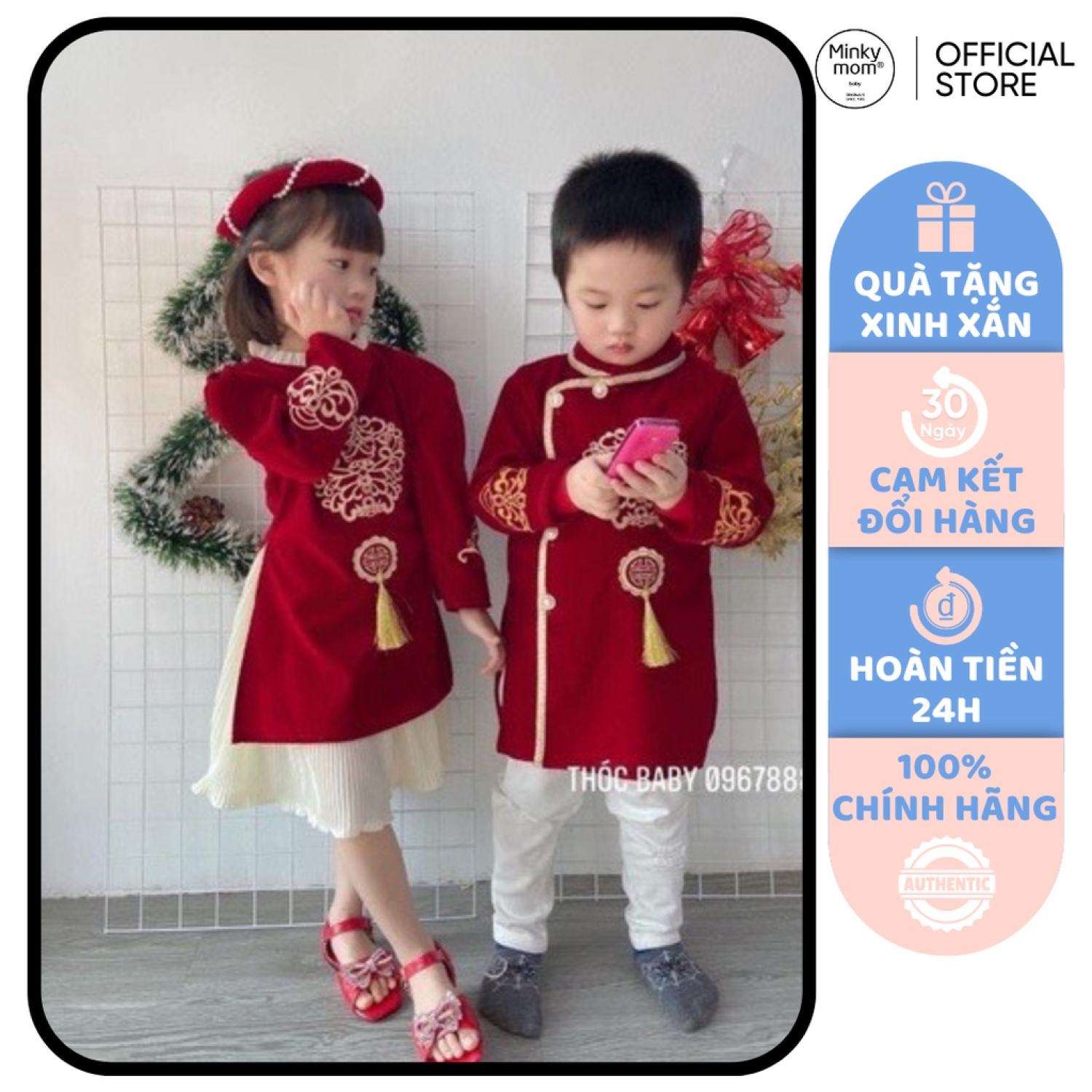 Áo dài cách tân bé trai, bé gái thêu đính ngọc cực đẹp, áo dài tết cho bé mặc tết 2023 ckad12