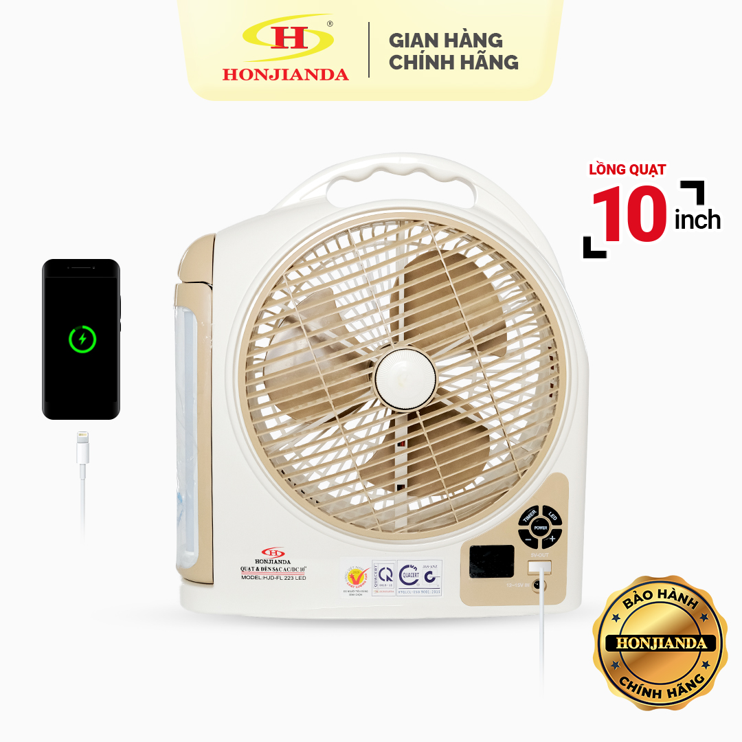 Quạt sạc tích điện Honjianda 10 inch FL223 - có đèn LED & USB