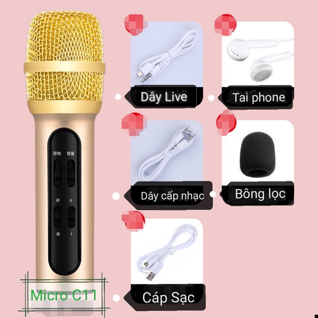 Bộ micro livestream C11 đầy đủ dây live dây lấy nhạc dây sạc tặng kèm tai nghe bảo hành 6 tháng