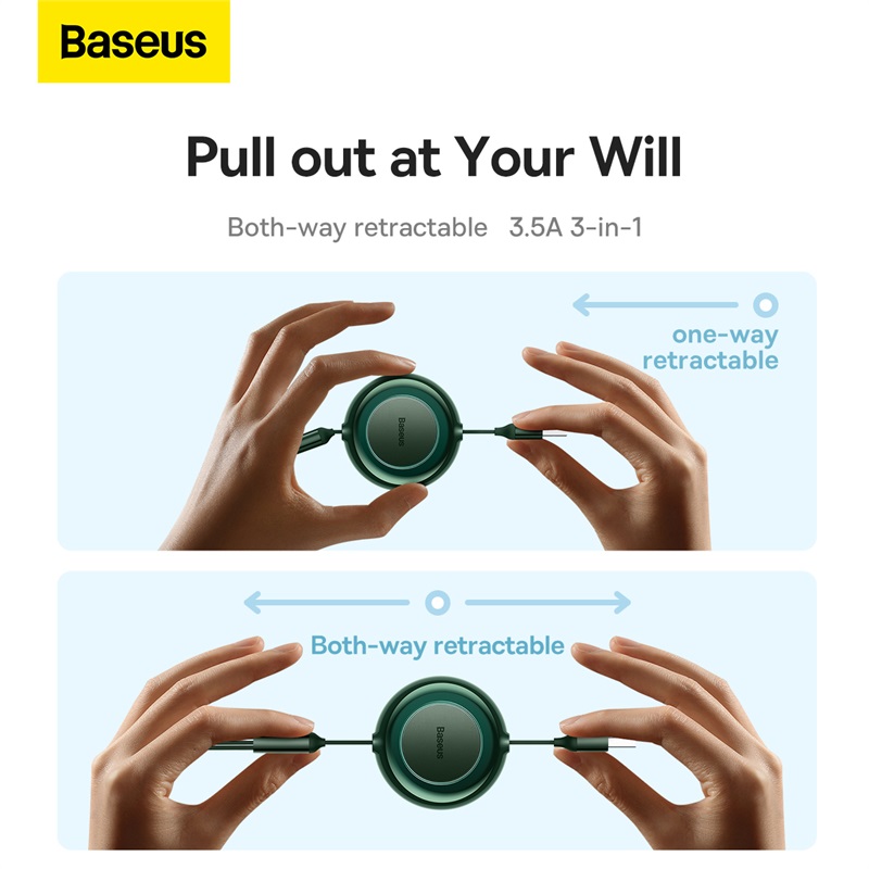 Baseus 3-in-1 Type C USB Cable Retractable Fast Charging Data Cable USB to M+L+C 3.5A 1.1m for iPhone  14 13 12 Pro Huawei Xiaomi Samsung Micro USB C Cord