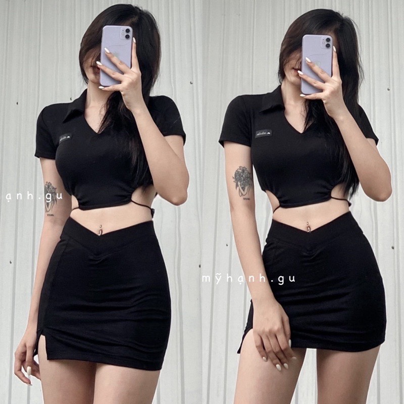 h90 áo croptop phối cổ v khoét eo cá tính