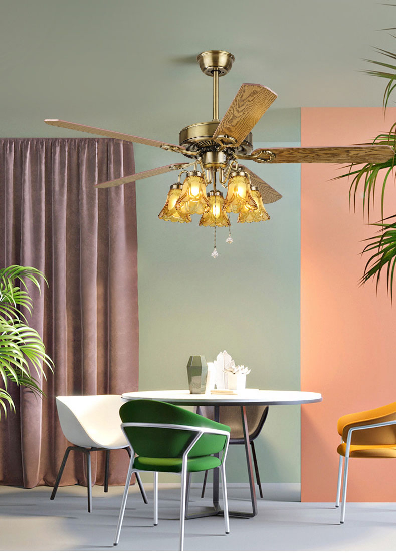 Quạt trần tân cổ Châu Âu bóng rủ [5 cánh gỗ 52inch, 5 bóng đèn]