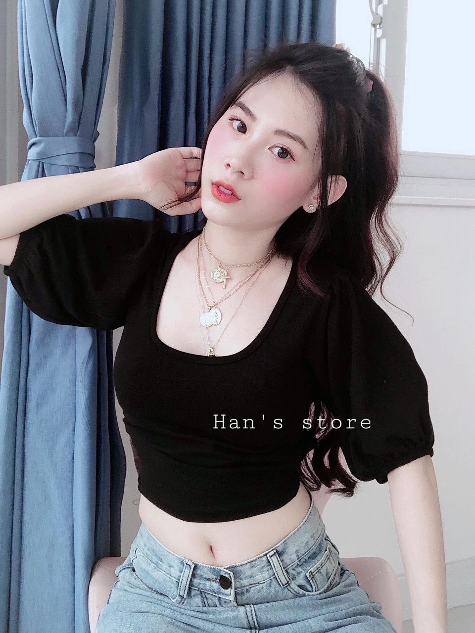 Áo thun gân kiểu thắt nơ sau tay phồng phong cách TTSA0261