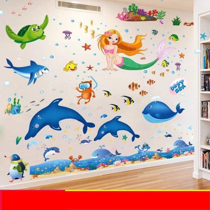 Decal dán tường combo nàng tiên cá, đàn cá và chân tường