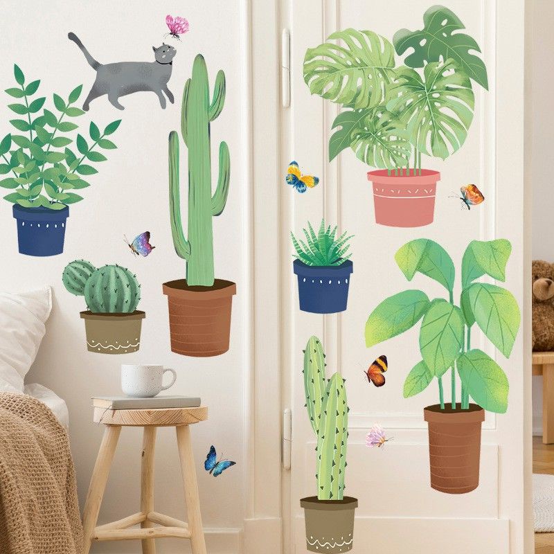 Decal dán tường chậu cây và mèo con