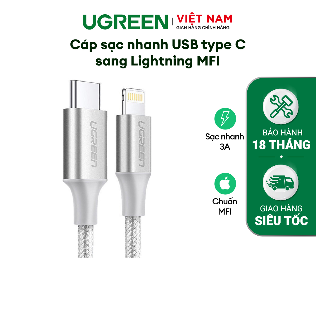 Cáp sạc USB C sang Lightning PD20W Ugreen US304 chuẩn MFi | Sạc nhanh cho Iphone 14 13 12 Pro Max | Tốc độ truyền 480Mbps | Bảo Hành 18 Tháng 1 Đổi 1 | 60759 60760 60761 60757 60758 60762 70523 70524 70525