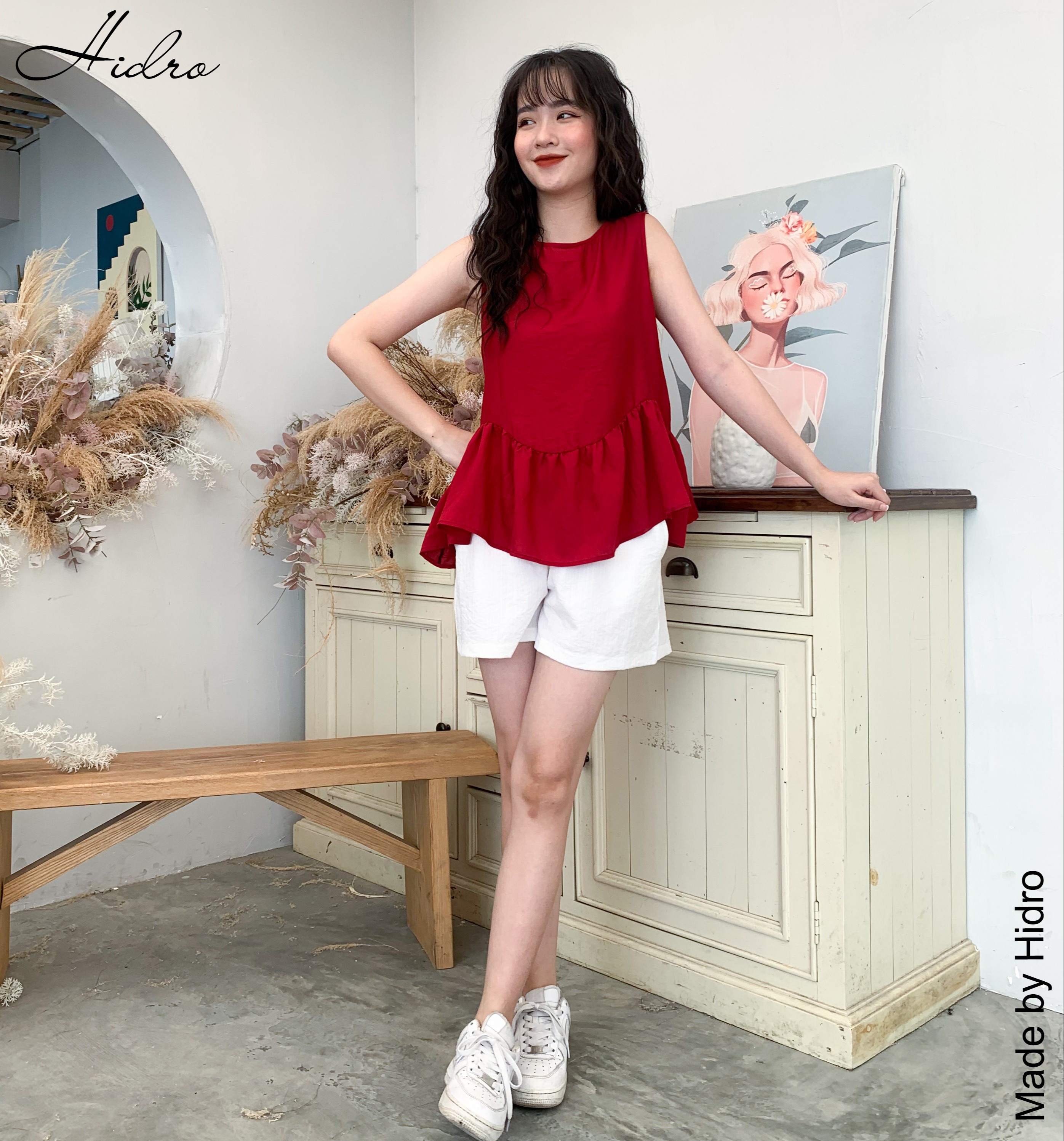 HIDRO Set áo đuôi bèo mix quần đũi trắng