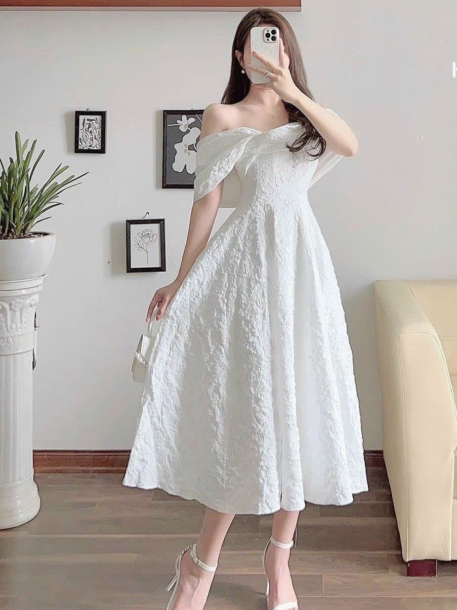 Đầm váy nữ kiểu dáng xòe vèo vai ( có mut ngực )
