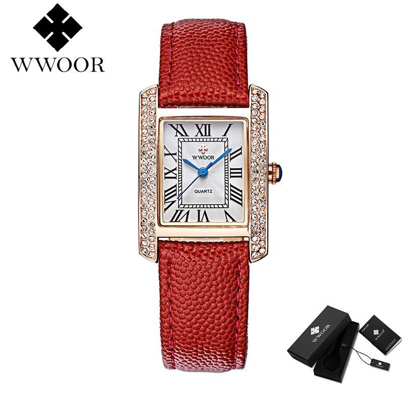 WWOOR Đồng hồ đeo tay cho nữ, cao cấp, mặt vuông, dây da, chống nước, siêu nhẹ - INTL