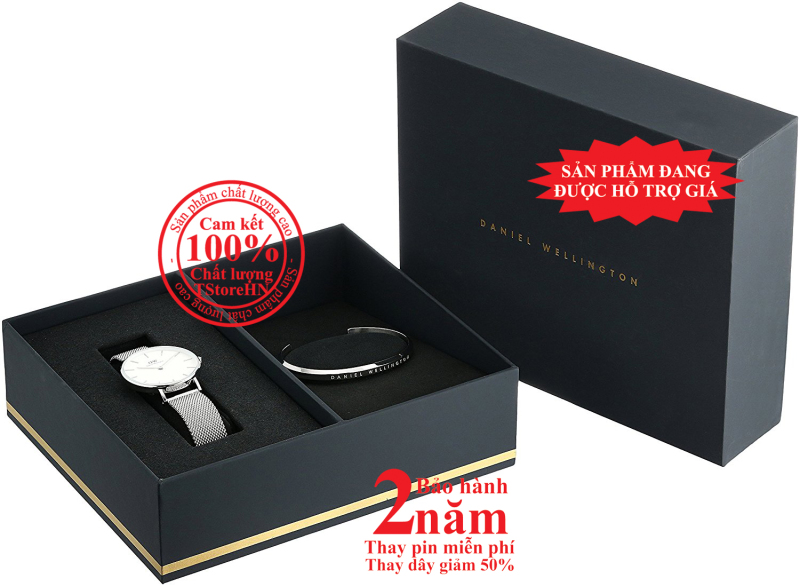 Hộp quà đồng hồ nữ DW Classic Petite Sterling 28mm (Mặt trắng) + Vòng tay DW Cuff - màu bạc (Silver)- DW0050000428