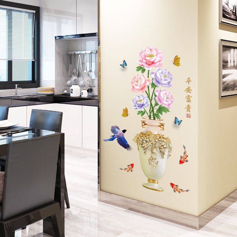 Decal dán tường bình hoa hồng 3D