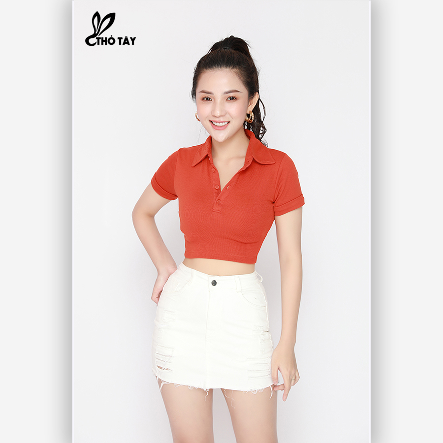 Áo Thun Nữ Cổ Bẻ Form Croptop - THỎ TÂY A220B645