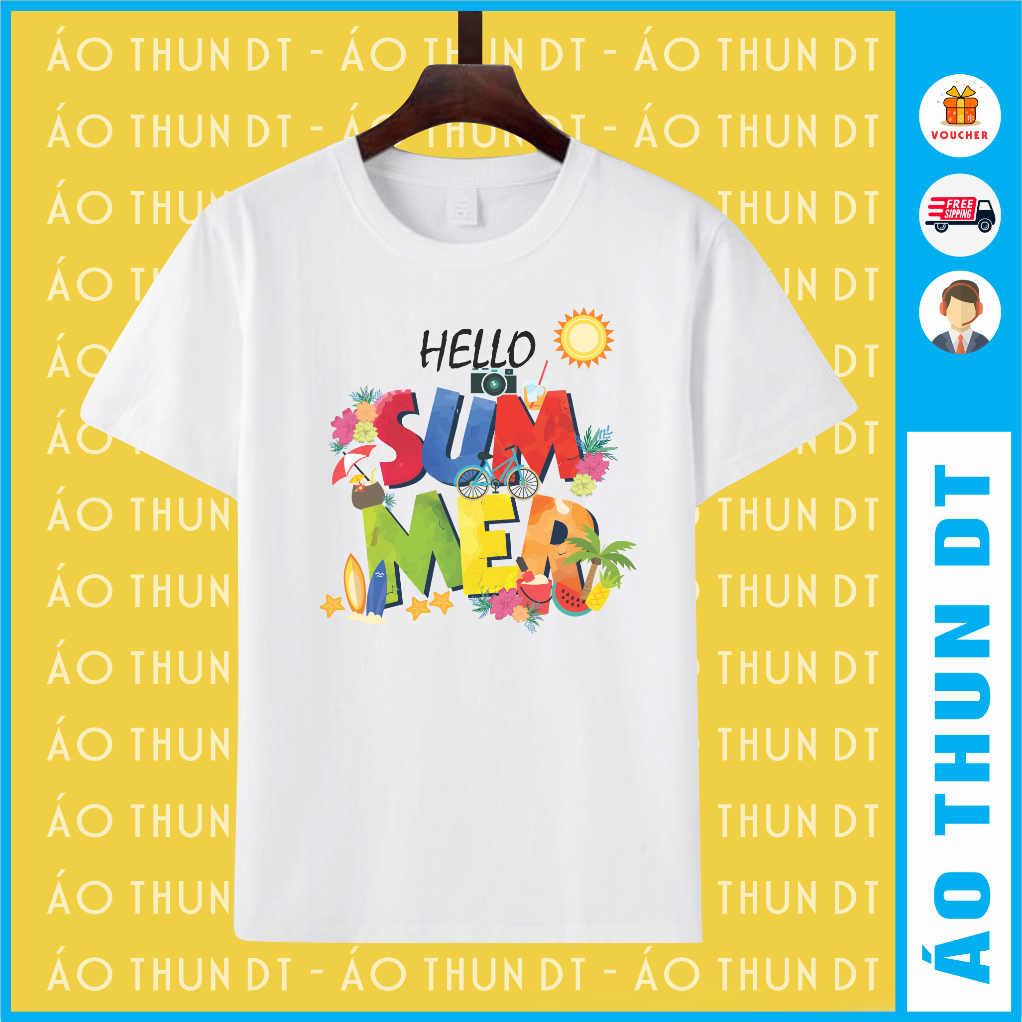 Áo thun hội nhóm. Hello summer, vải dày hình in đủ màu