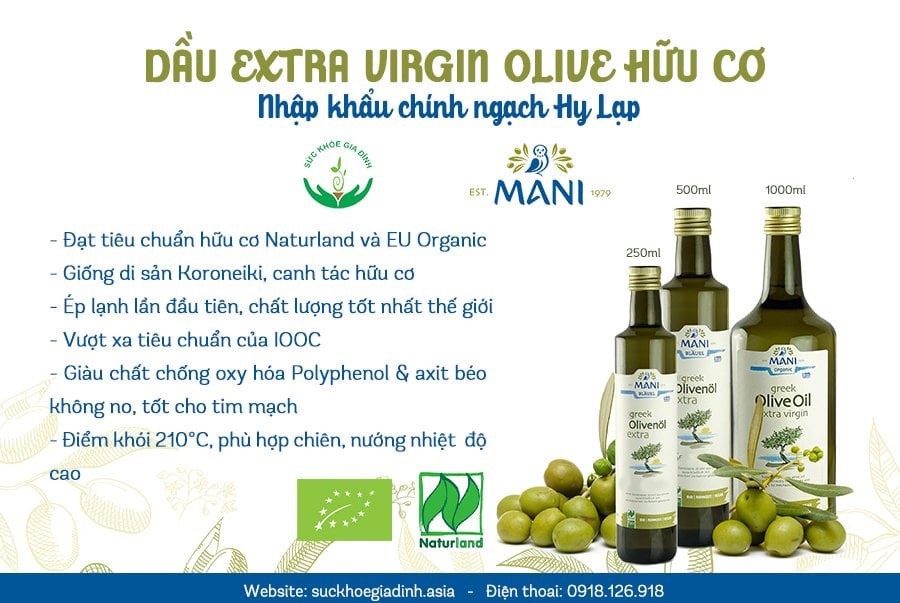 Dầu Olive Extra Virgin hữu cơ ép lạnh Mani 500ml